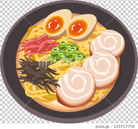 top view of delicious japanese ramen bowl with noodles pork slices soft boiled egg and toppings 129727759