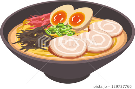 Japanese ramen bowl with chashu pork slices, soft-boiled eggs, seaweed, green onions, and toppings. 129727760