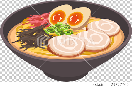 Japanese ramen bowl with chashu pork slices, soft-boiled eggs, seaweed, green onions, and toppings. 129727760