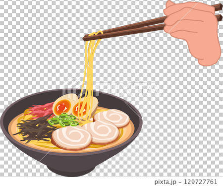ramen noodle soup showing chopsticks hand holding noodles with pork slices egg and broth ramen noodle soup showing chopsticks hand holding noodles with pork slices egg and broth 129727761