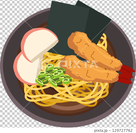 top view japanese ramen bowl with shrimp tempura fish cake and seaweed illustration top view japanese ramen bowl with shrimp tempura fish cake and seaweed illustration 129727762
