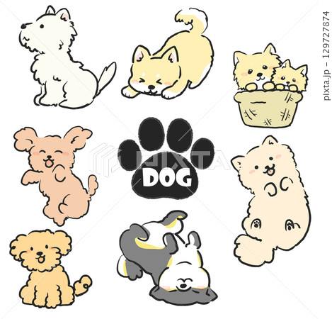 いろいろな犬の可愛いポーズセットイラスト いろいろな犬の可愛いポーズセットイラスト 129727874
