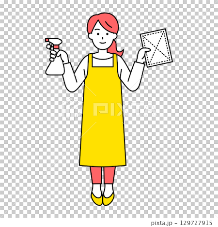 A woman in an apron holding a spray detergent and a rag (full body) 129727915