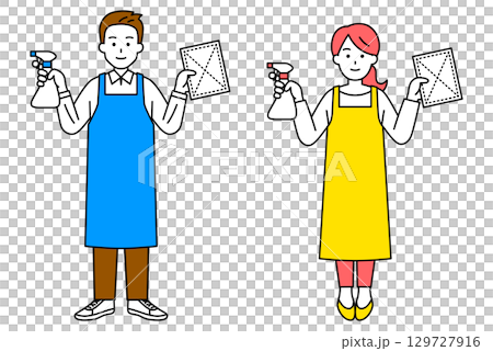 Men and women in aprons holding spray detergent and rags (full body) 129727916