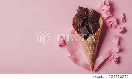 Chocolate bar on waffle crispy flat bread wrapped on solid background 129728250