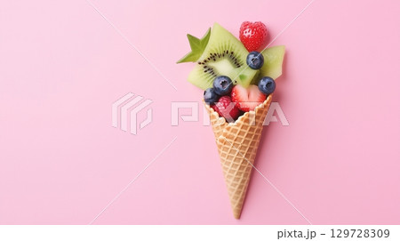 Kiwi and blueberry fruit slice parcel on brown paper wrapped parcel cone 129728309
