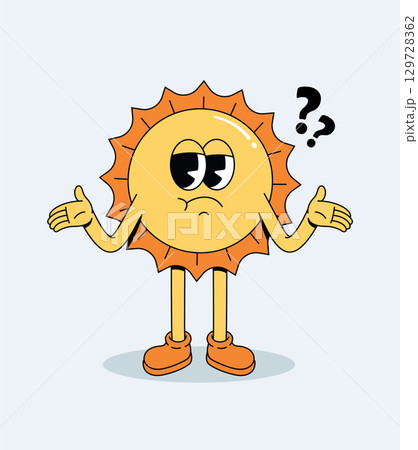 Retro Cartoon Sun Character Shrugging Shoulders with Question Marks Retro Cartoon Sun Character Shrugging Shoulders with Question Marks 129728362