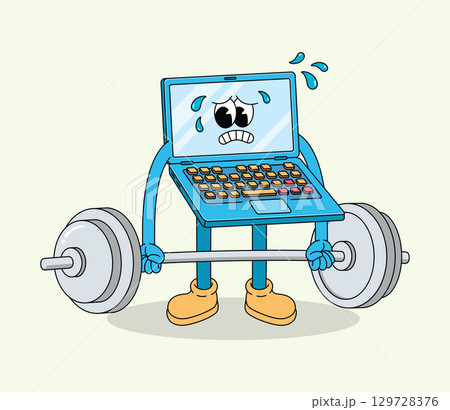 Cartoon Laptop Character Weightlifting and Struggling, Showing Overload and Exhaustion 129728376
