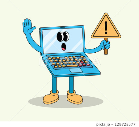 Alert Cartoon Laptop Character Holding Warning Exclamation Mark Sign Alert Cartoon Laptop Character Holding Warning Exclamation Mark Sign 129728377