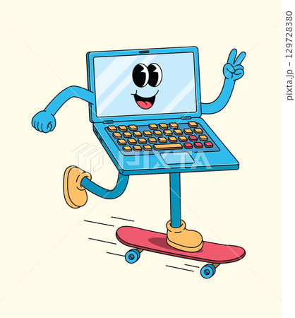 Happy Cartoon Laptop Character Skating on Skateboard, Showing Peace Sign Happy Cartoon Laptop Character Skating on Skateboard, Showing Peace Sign 129728380