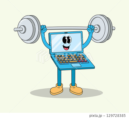 Strong Cartoon Laptop Character Lifting Barbell During Workout 129728385