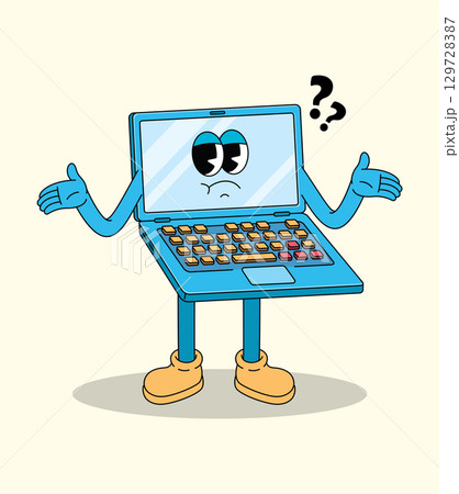 Cartoon Laptop Character Shrugging with Question Marks, Expressing Confusion 129728387