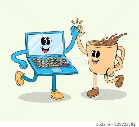Happy Cartoon Laptop and Coffee Cup Characters High-Fiving, Symbolizing Partnership and Productivity 129728392