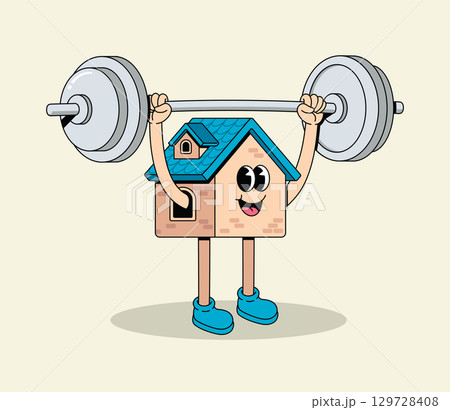 Strong cartoon house character lifting a heavy barbell, demonstrating fitness and strength 129728408