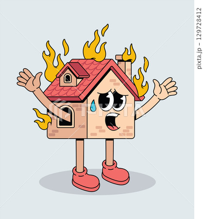 Distressed groovy cartoon house character on fire 129728412