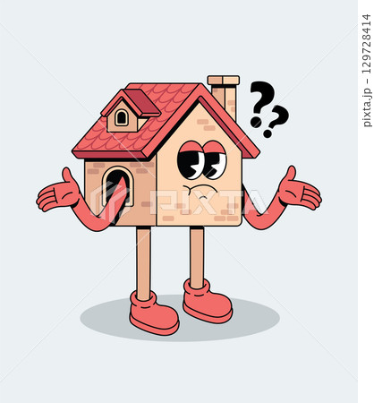 Confused cartoon house character shrugging with question marks Confused cartoon house character shrugging with question marks 129728414