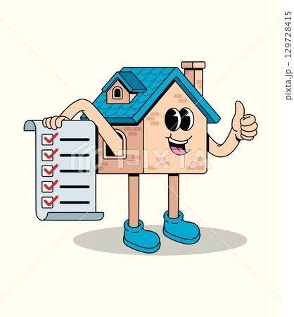 Happy Cartoon House Character Showing Completed Checklist and Thumbs Up 129728415