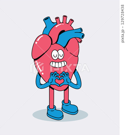 Cheerful Anatomical Heart Character Making Love Gesture with Hands, Happy and Positive Emotion 129728438