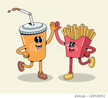 Happy cartoon soda cup and french fries characters high-fiving and running together, symbolizing fast food friendship Happy cartoon soda cup and french fries characters high-fiving and running together, symbolizing fast food friendship 129728452