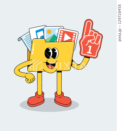 Confident Cartoon Folder Mascot Holding Number One Foam Finger with Files 129728458
