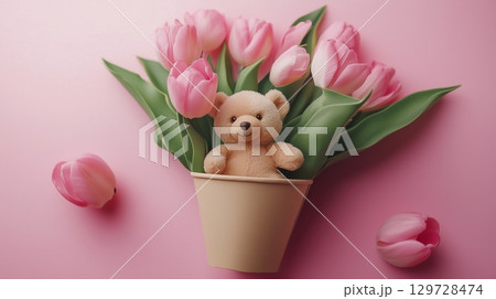 Tulip flower and cute bear doll special gift moment in paper basket pink background 129728474