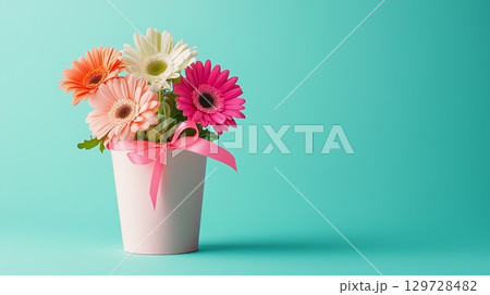 Colorful daisy flower on paper bouquet no plastic disposable container 129728482
