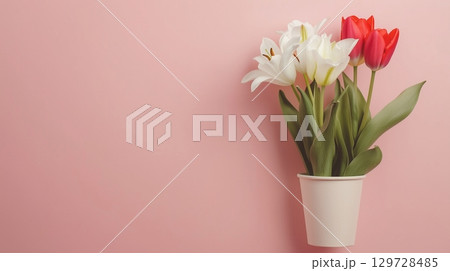 White lily and red tuilip flower on paper bouquet no plastic disposable container 129728485
