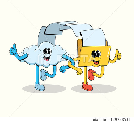 Happy Cartoon Cloud and Folder Characters Running Together Giving Thumbs Up, Representing Teamwork and Collaboration 129728531
