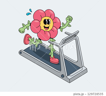 Happy Cartoon Flower Character Running Energetically on Treadmill 129728535