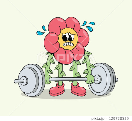 Cartoon Flower Character Struggling to Lift Heavy Barbell with Effort and Sweat 129728539