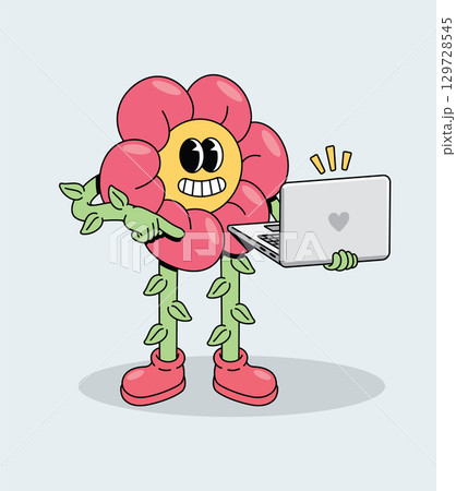 Happy Groovy Cartoon Flower Character Using Laptop 129728545