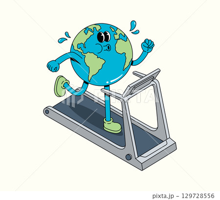 Cartoon Earth Character Running on Treadmill, Global Fitness and Environmental Progress Concept Cartoon Earth Character Running on Treadmill, Global Fitness and Environmental Progress Concept 129728556