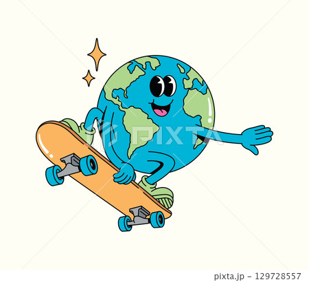 Happy groovy cartoon earth character skateboarding with a joyful expression 129728557