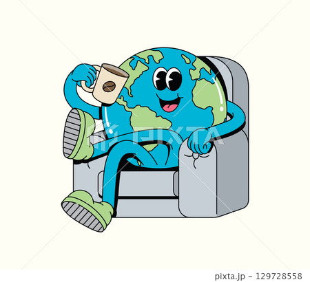 Happy Groovy Cartoon Earth Character Relaxing on Armchair with Coffee Cup Happy Groovy Cartoon Earth Character Relaxing on Armchair with Coffee Cup 129728558