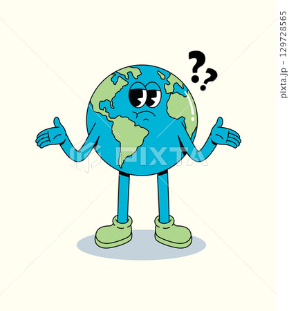 Cartoon Earth Character Shrugging Shoulders with Question Marks, Confused and Perplexed Cartoon Earth Character Shrugging Shoulders with Question Marks, Confused and Perplexed 129728565