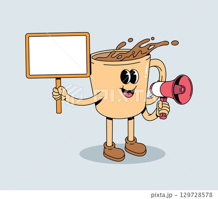 Happy Cartoon Coffee Cup Character Holding Blank Sign and Megaphone Happy Cartoon Coffee Cup Character Holding Blank Sign and Megaphone 129728578