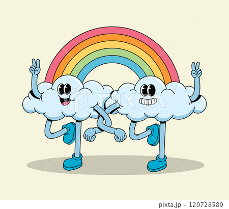 Two Happy Groovy Cartoon Cloud Characters Walk Under a Colorful Rainbow, Holding Hands with Peace Signs 129728580