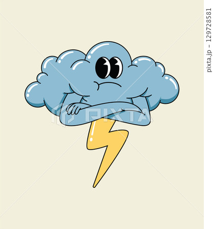 Groovy Cartoon Cloud Character with Arms Crossed and a Lightning Bolt, Depicting a Stormy Mood 129728581