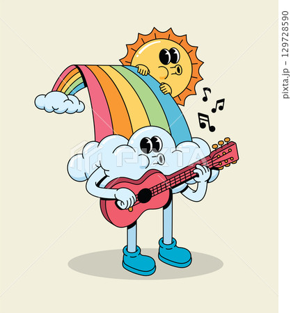 Happy Groovy Cartoon Cloud Character Playing Guitar with a Singing Sun Happy Groovy Cartoon Cloud Character Playing Guitar with a Singing Sun 129728590
