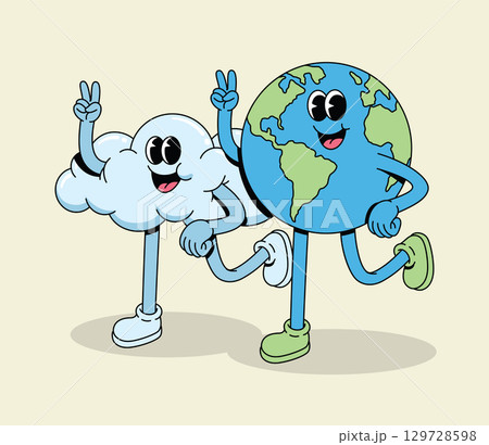 Friendly Retro Cartoon Cloud and Earth Characters Walking Together Showing Peace Sign 129728598
