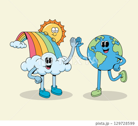 Groovy Cartoon Earth and Happy Cloud with Rainbow and Sun High-Fiving 129728599