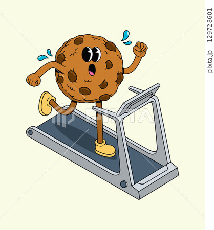Cartoon Chocolate Chip Cookie Running on Treadmill, Sweating, Humorous Exercise Concept 129728601