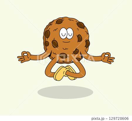 Peaceful Cartoon Cookie Character Meditating in a Lotus Pose, Floating Calmly Peaceful Cartoon Cookie Character Meditating in a Lotus Pose, Floating Calmly 129728606