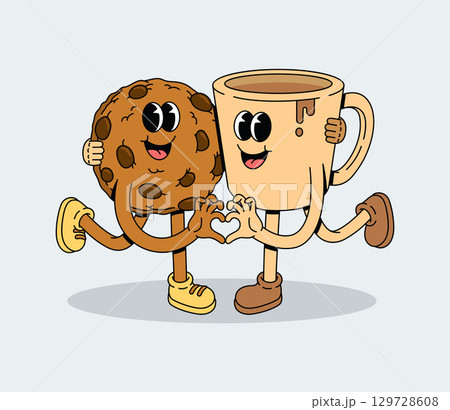 Happy Cartoon Cookie and Coffee Cup Characters Forming Heart Shape 129728608