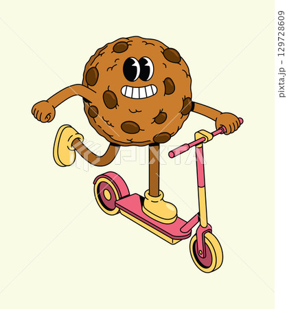 Cheerful Groovy Cartoon Cookie Character Riding a Kick Scooter Cheerful Groovy Cartoon Cookie Character Riding a Kick Scooter 129728609