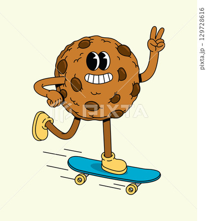 Energetic Cartoon Cookie Character Skateboarding, Performing a Cool Trick 129728616