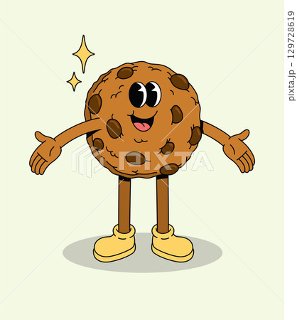 Welcoming Cartoon Cookie Character Standing with Open Arms and Sparkling Stars, Spreading Happiness Welcoming Cartoon Cookie Character Standing with Open Arms and Sparkling Stars, Spreading Happiness 129728619