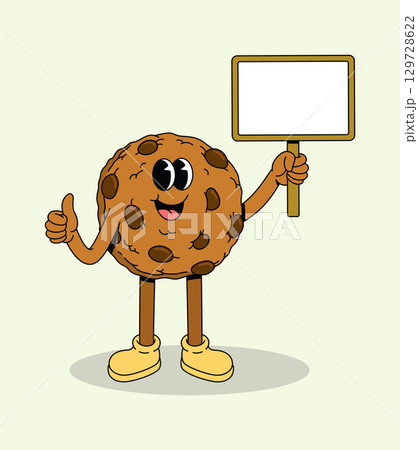 Happy cartoon chocolate chip cookie character holding a blank sign and giving thumbs up Happy cartoon chocolate chip cookie character holding a blank sign and giving thumbs up 129728622