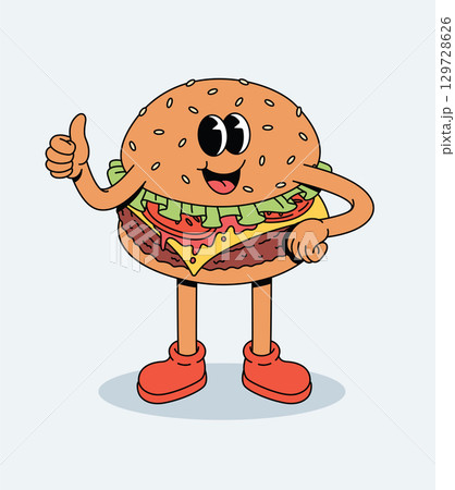 Happy Retro Groovy Cartoon Hamburger Character Giving Thumbs Up Happy Retro Groovy Cartoon Hamburger Character Giving Thumbs Up 129728626