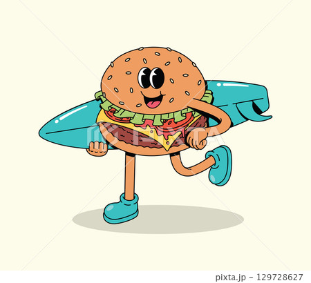 Happy Groovy Cartoon Hamburger Character Running with Surfboard 129728627